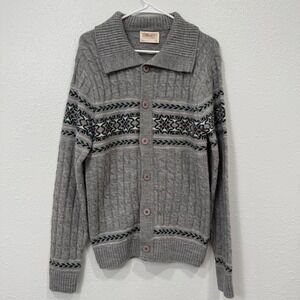 Lord Jeff Vintage Grey Fair Isle Cable Knit Cardigan Sweater Mens Medium USA‎